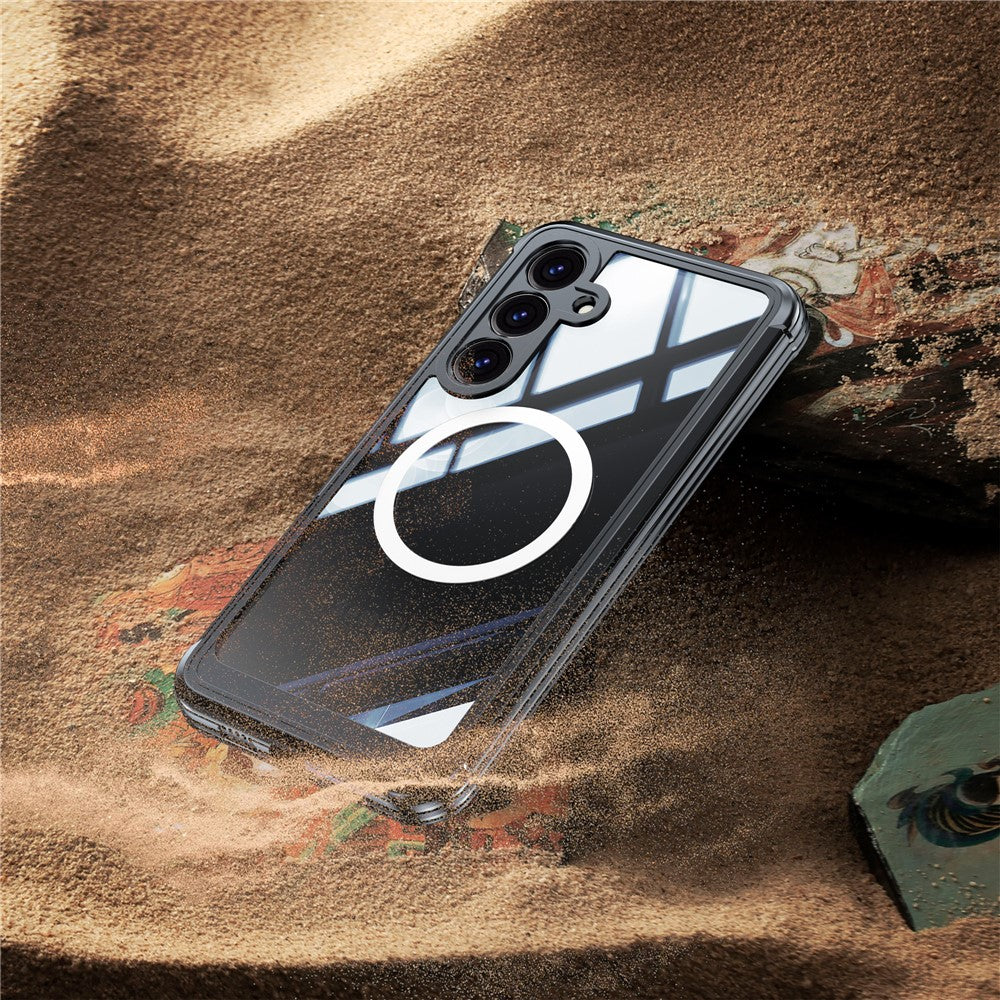 For Samsung Galaxy S25 FE Magnetic Case PC + TPU Phone Cover with Tempered Glass Screen Film - Black