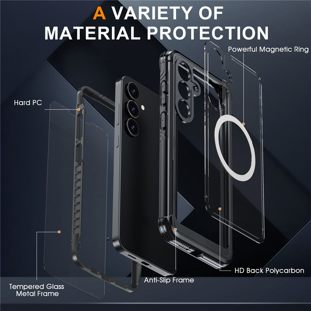 For Samsung Galaxy S25 FE Magnetic Case PC + TPU Phone Cover with Tempered Glass Screen Film - Black