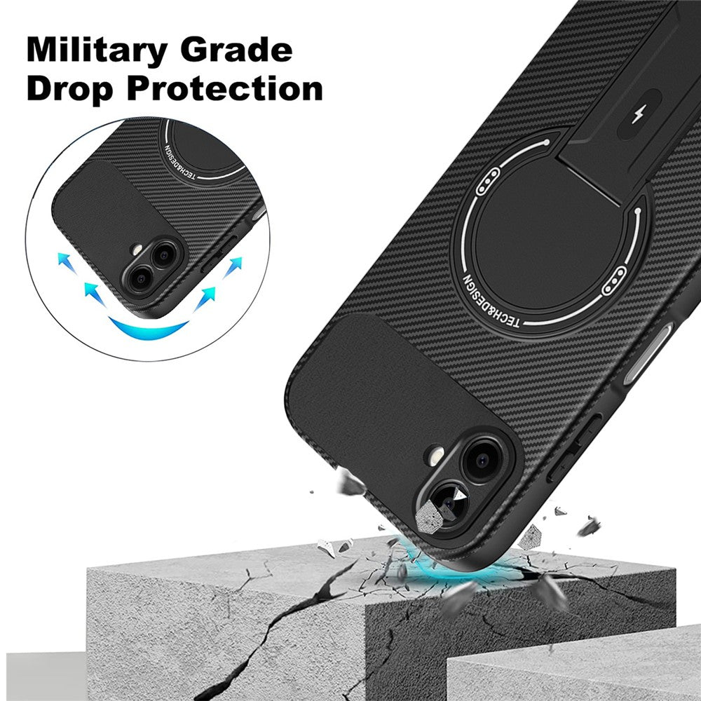 For Samsung Galaxy A07 4G Case with Kickstand Carbon Fiber Texture PC + TPU Phone Cover - Black