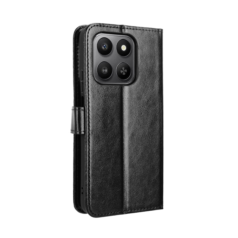 For Honor 400 Smart 5G / 4G / X7d 4G PU Leather Case with Strap Crazy Horse Texture Phone Wallet Cover - Black