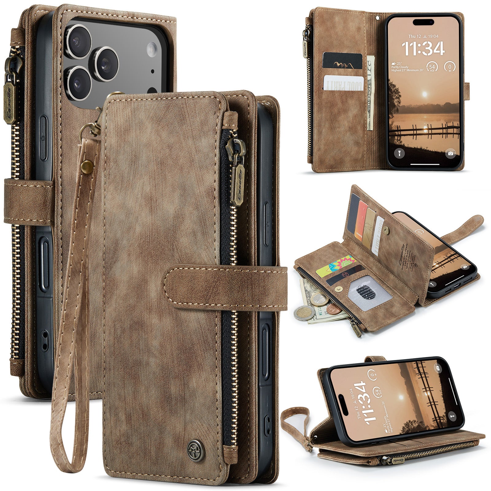 For iPhone 17 Pro Phone Cases with Strap CASEME C30 Zipper Multiple Card Holder PU Leather Cover - Brown