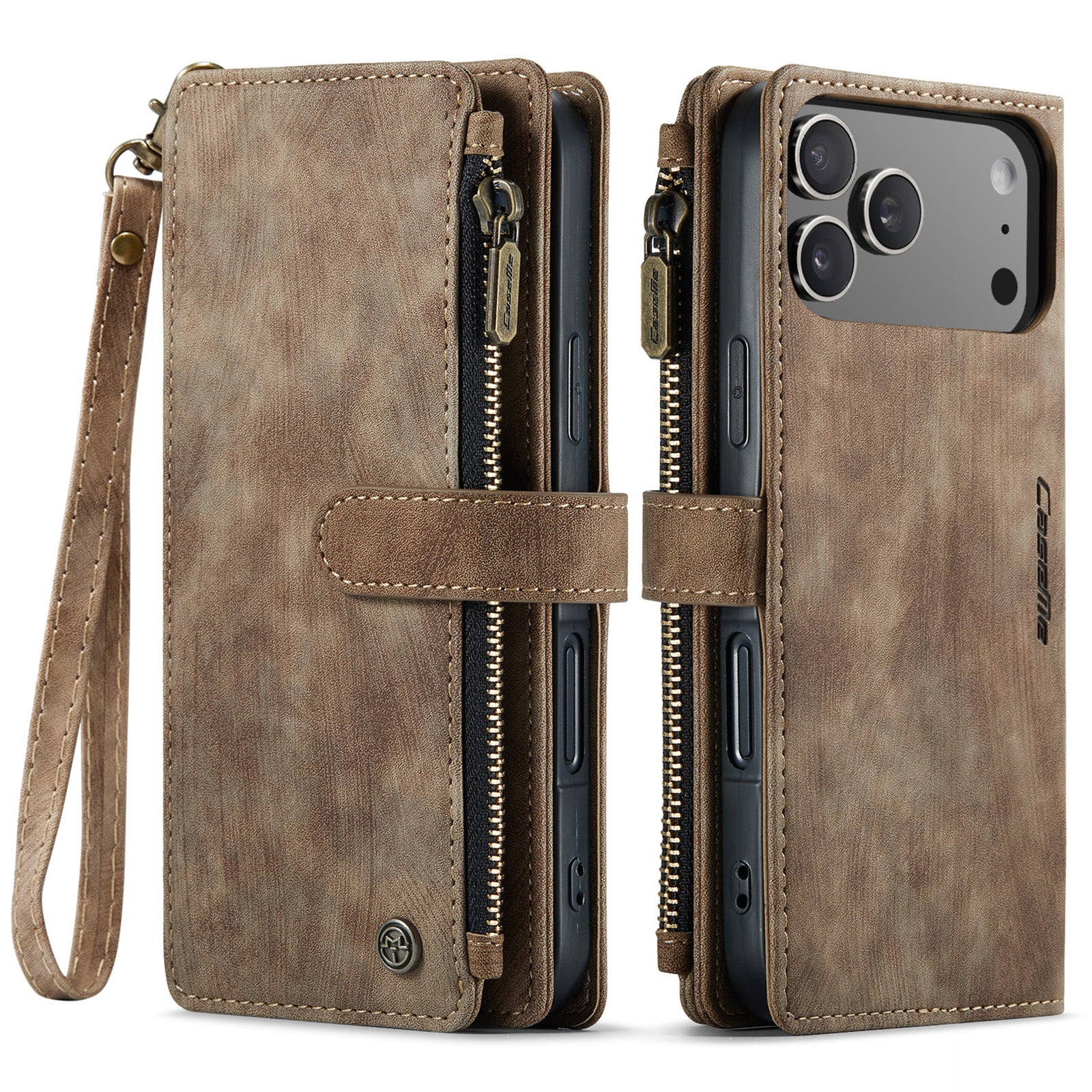 For iPhone 17 Pro Phone Cases with Strap CASEME C30 Zipper Multiple Card Holder PU Leather Cover - Brown