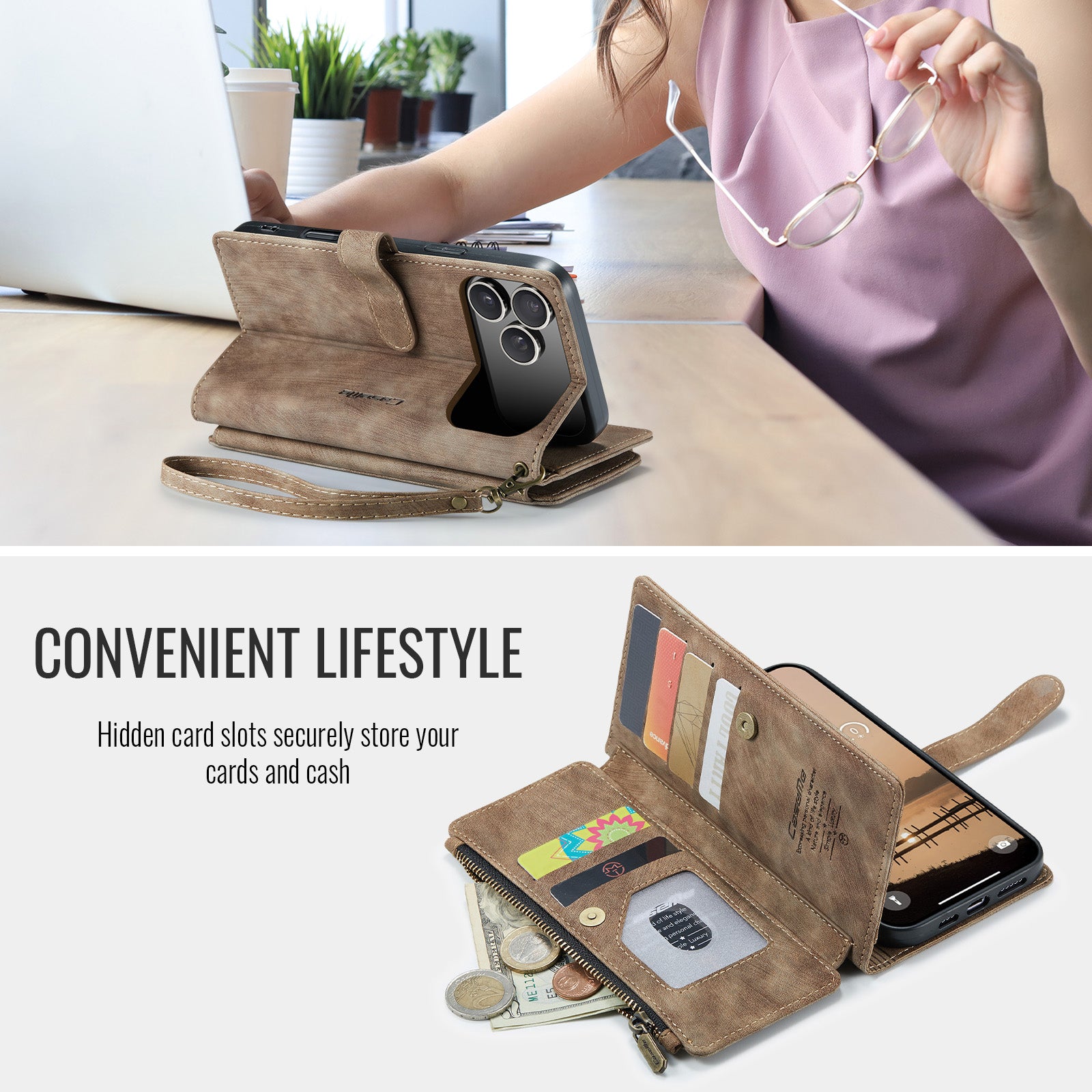 For iPhone 17 Pro Phone Cases with Strap CASEME C30 Zipper Multiple Card Holder PU Leather Cover - Brown