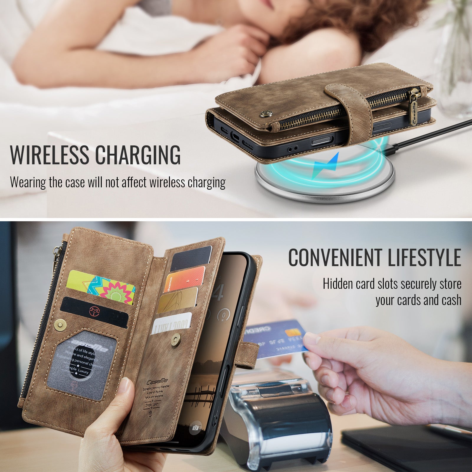 For iPhone 17 Pro Phone Cases with Strap CASEME C30 Zipper Multiple Card Holder PU Leather Cover - Brown