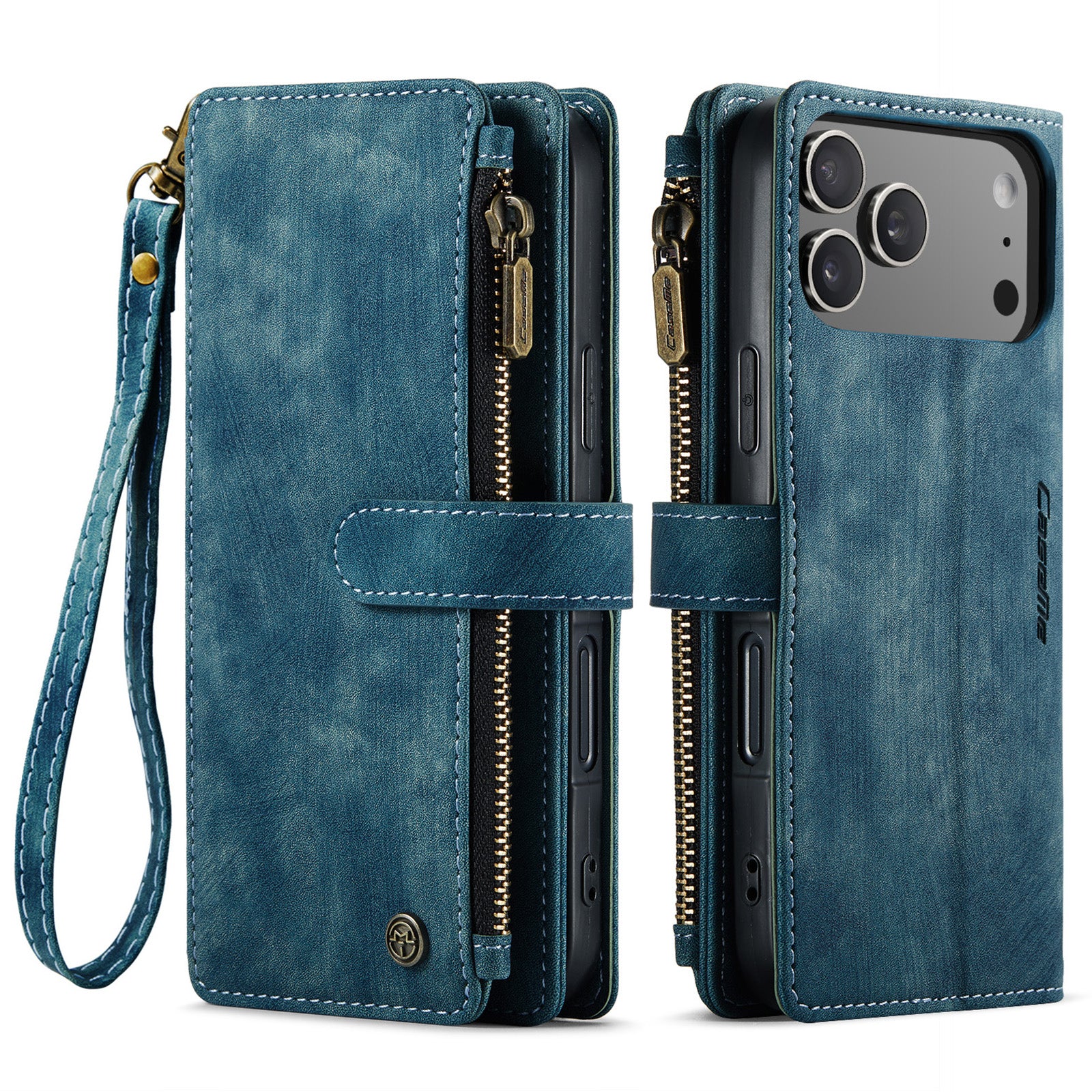 For iPhone 17 Pro Phone Cases with Strap CASEME C30 Zipper Multiple Card Holder PU Leather Cover - Blue