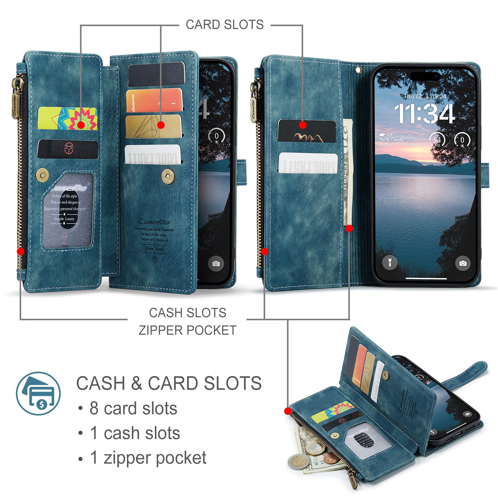 For iPhone 17 Pro Phone Cases with Strap CASEME C30 Zipper Multiple Card Holder PU Leather Cover - Blue