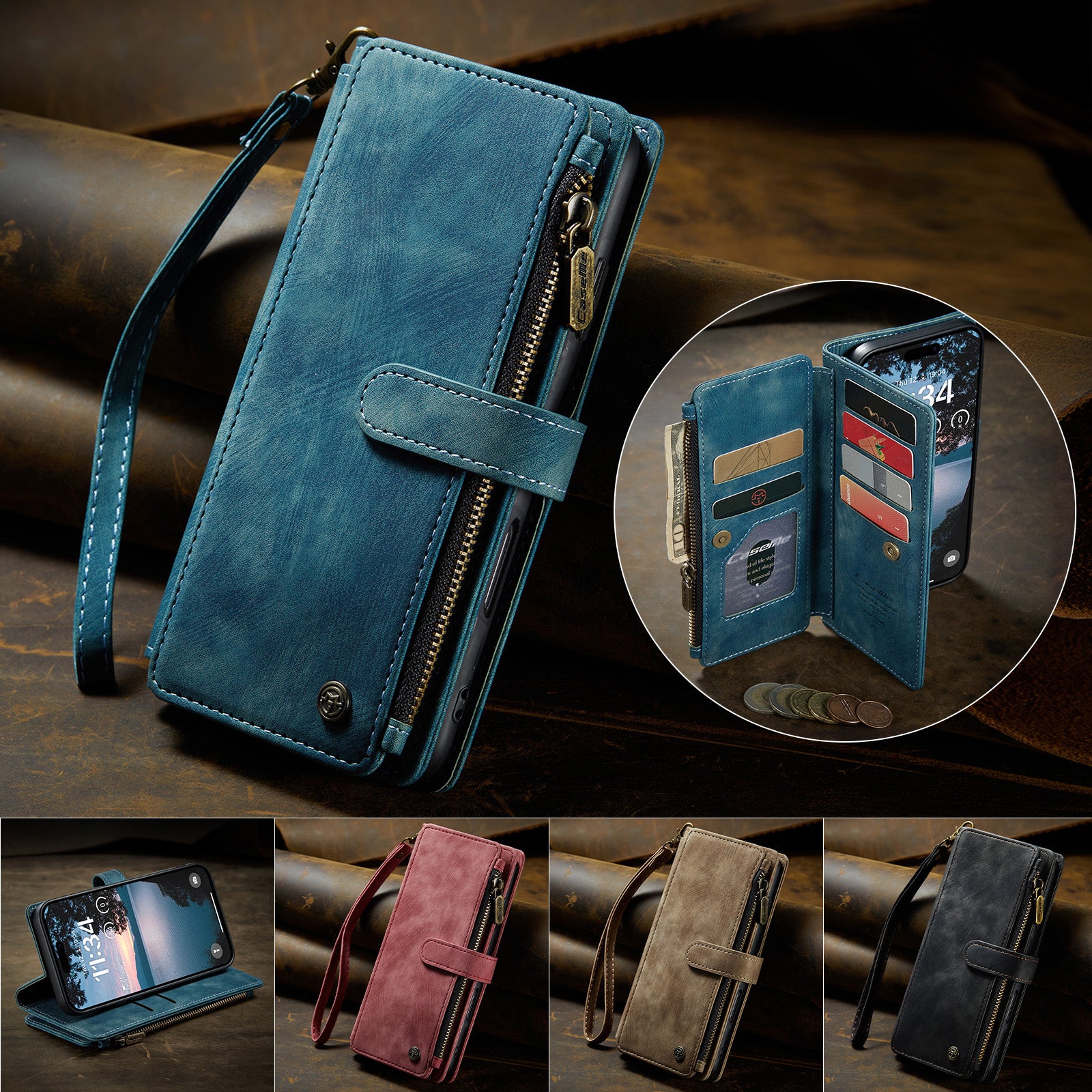 For iPhone 17 Pro Phone Cases with Strap CASEME C30 Zipper Multiple Card Holder PU Leather Cover - Blue