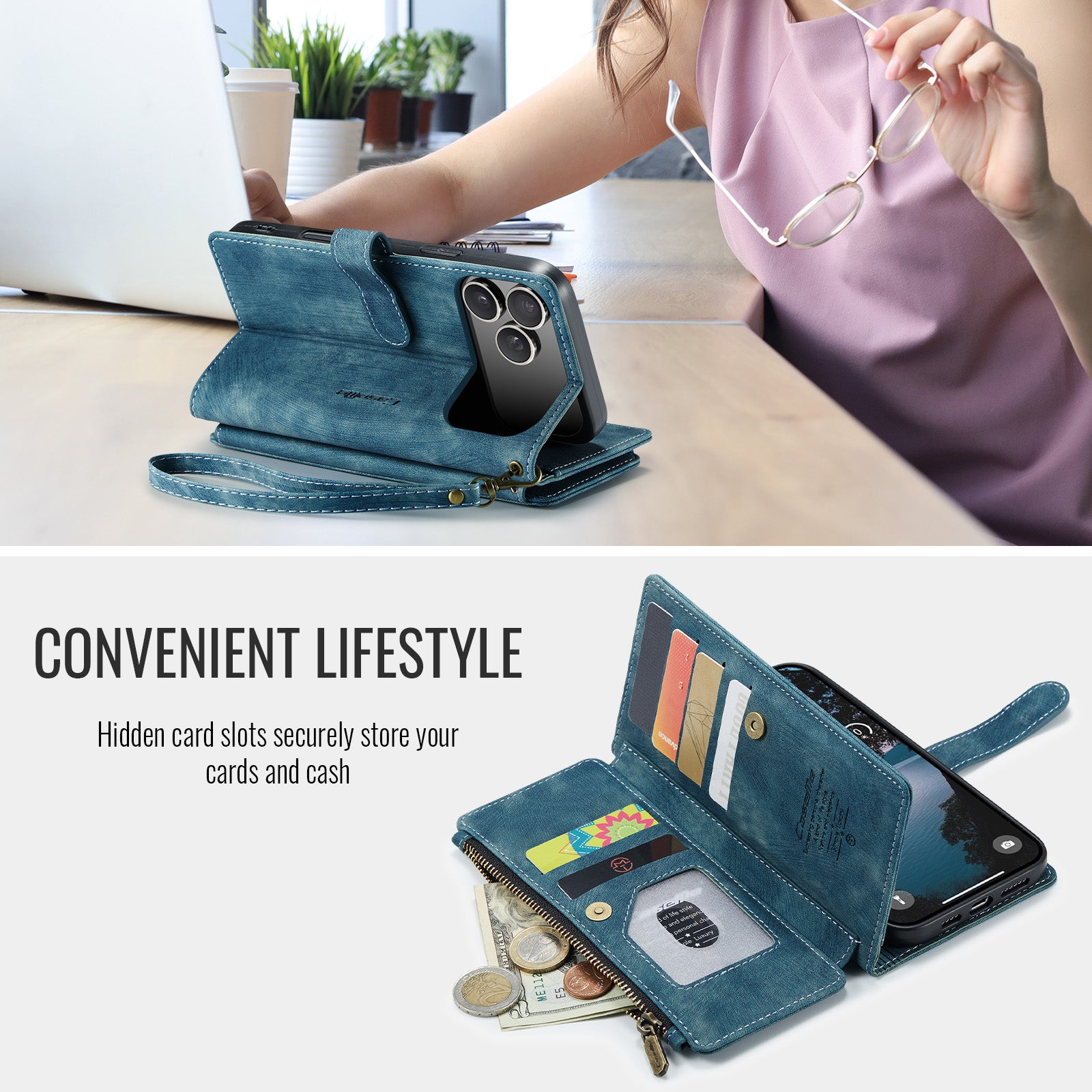 For iPhone 17 Pro Phone Cases with Strap CASEME C30 Zipper Multiple Card Holder PU Leather Cover - Blue