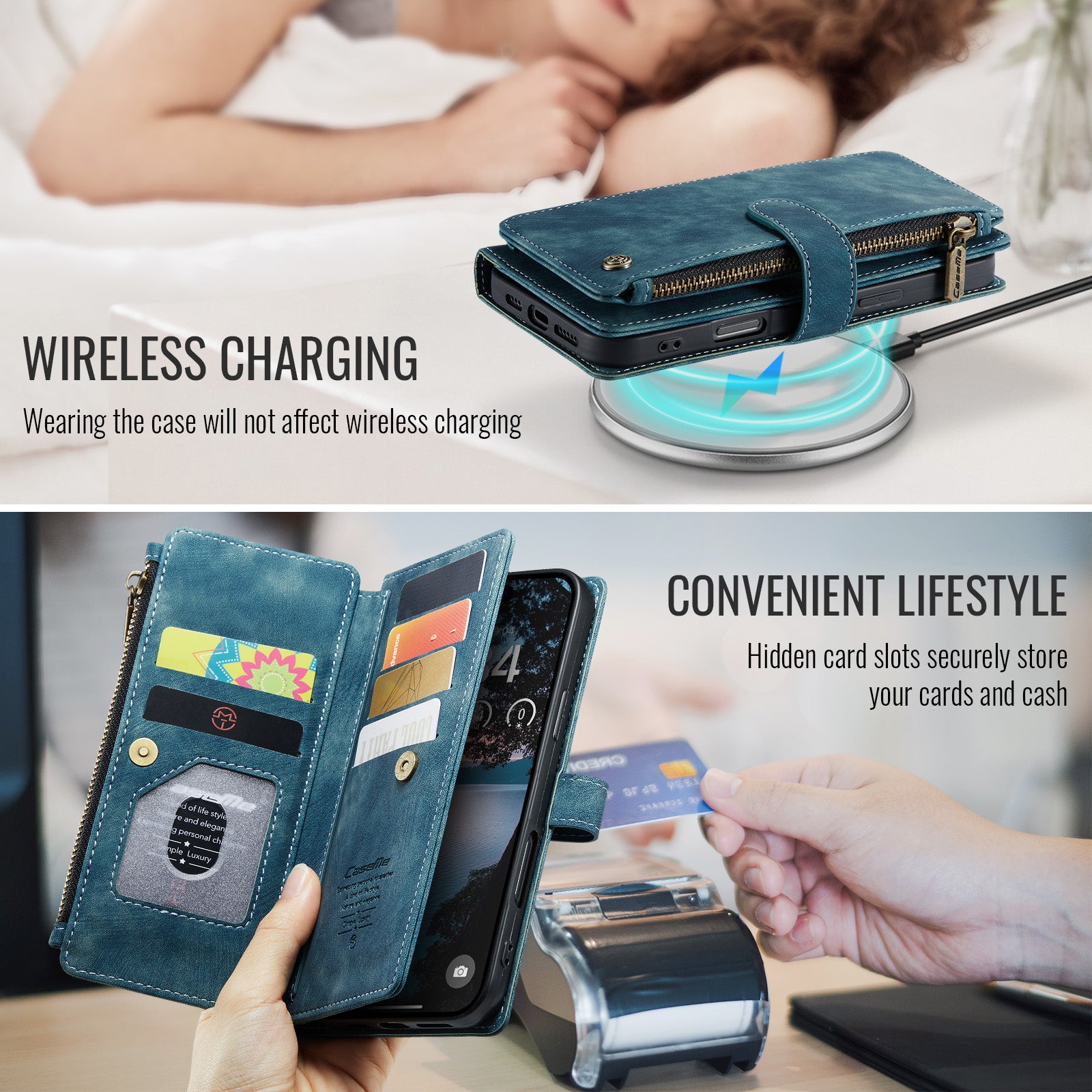 For iPhone 17 Pro Phone Cases with Strap CASEME C30 Zipper Multiple Card Holder PU Leather Cover - Blue