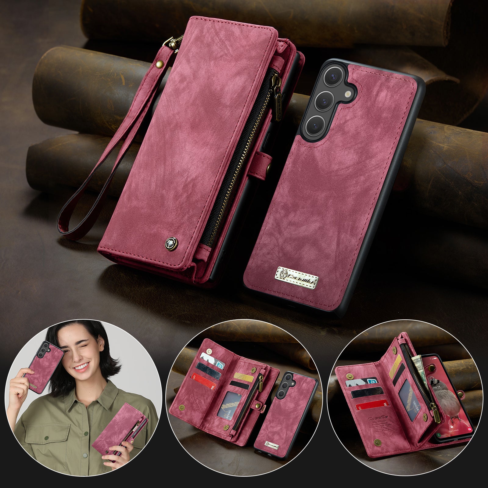 For Samsung Galaxy S25 FE Phone Cases Leather Cover with Detachable Wallet and Strap - Red