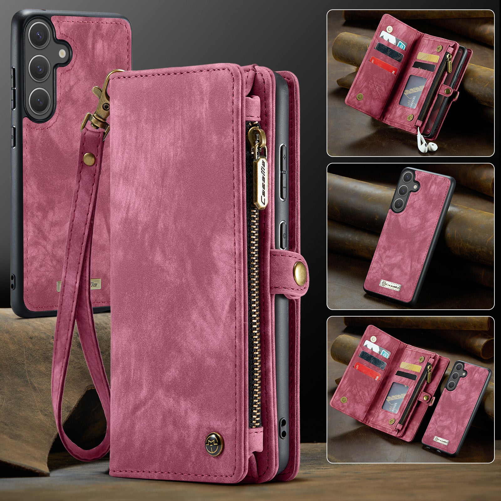 For Samsung Galaxy S25 FE Phone Cases Leather Cover with Detachable Wallet and Strap - Red