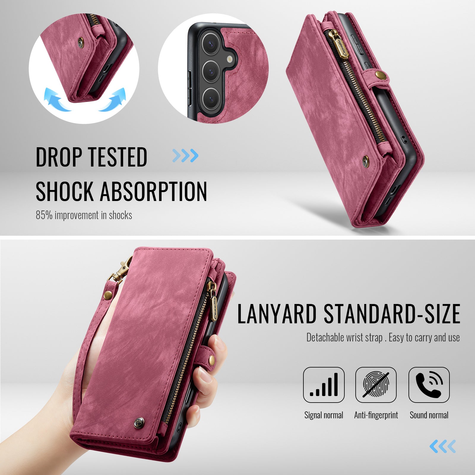 For Samsung Galaxy S25 FE Phone Cases Leather Cover with Detachable Wallet and Strap - Red
