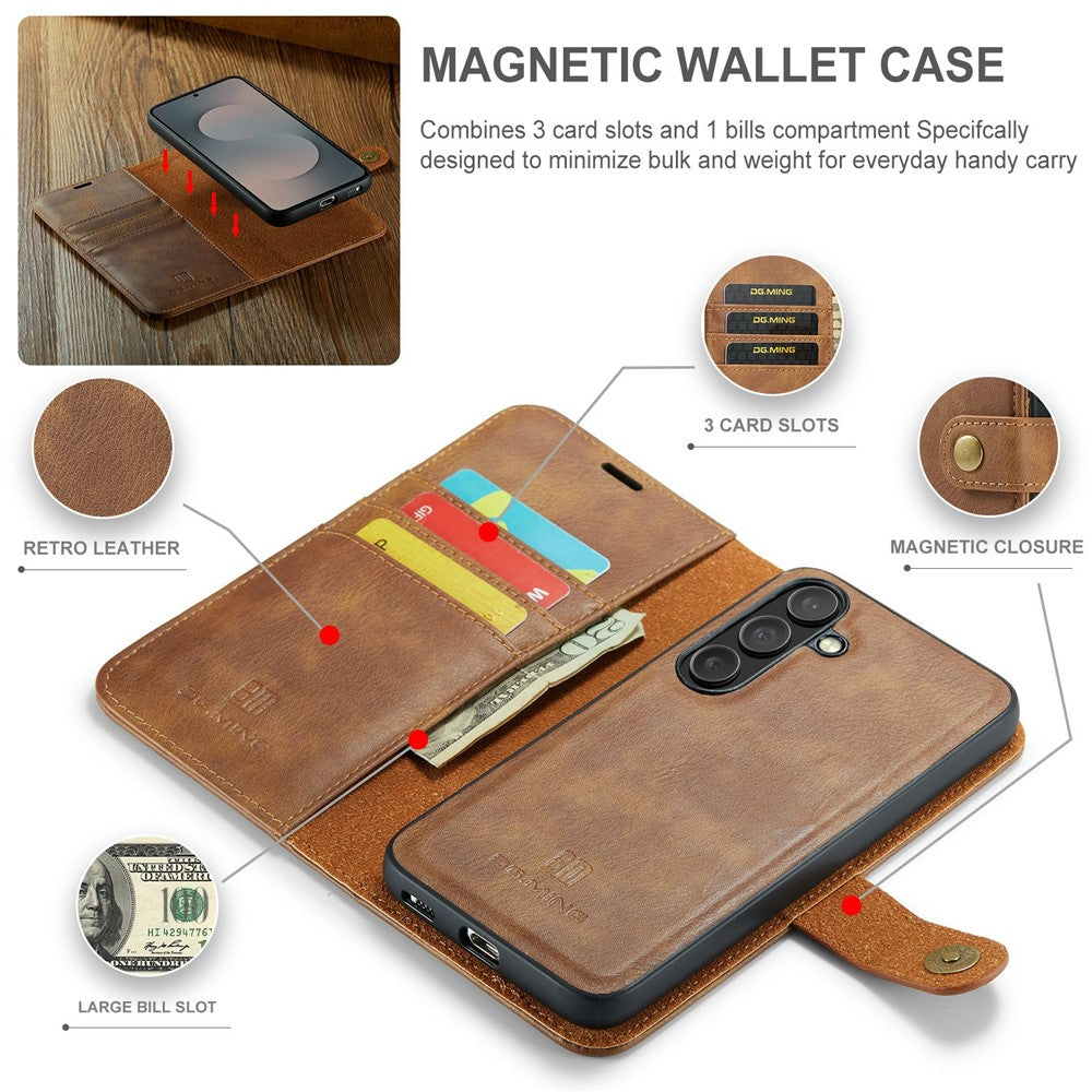 for Samsung Galaxy S25 FE Case Detachable Split Leather Phone Cover - Brown