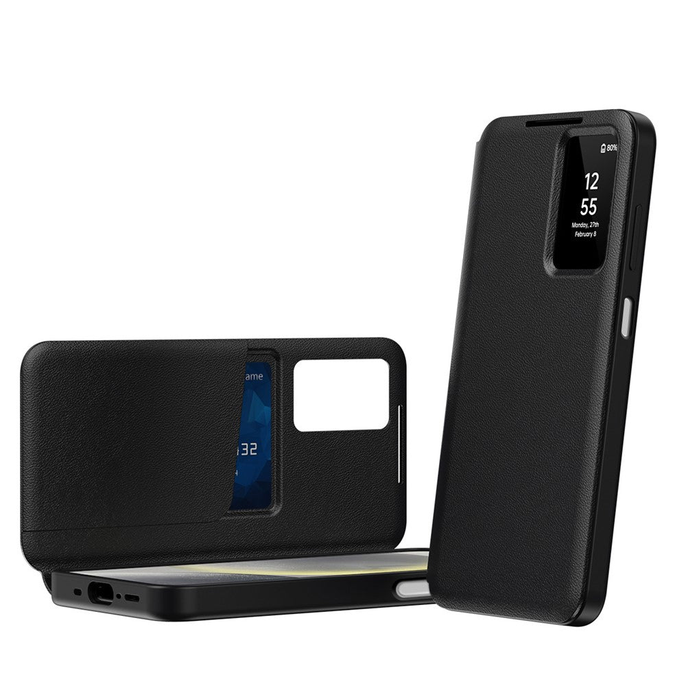 For Samsung Galaxy A17 4G / 5G Case with Card Holder Smart View Window Leather Phone Cover - Black