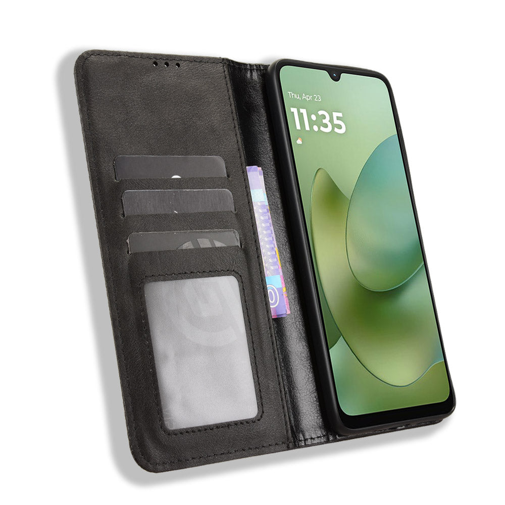 For Motorola Moto G06 Power 4G / Motorola Moto G06 4G Leather Case Wallet Stand Retro Texture Phone Cover - Black