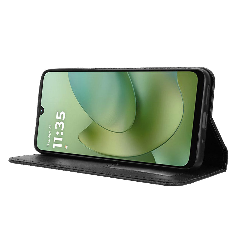 For Motorola Moto G06 Power 4G / Motorola Moto G06 4G Leather Case Wallet Stand Retro Texture Phone Cover - Black