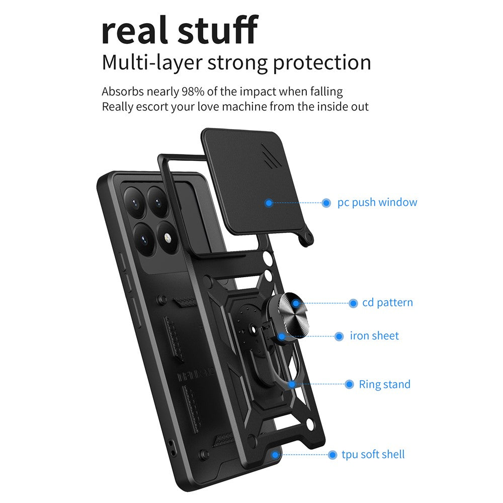 For Xiaomi 15T Case with Slide Camera Lid PC + TPU Kickstand Phone Cover - Black