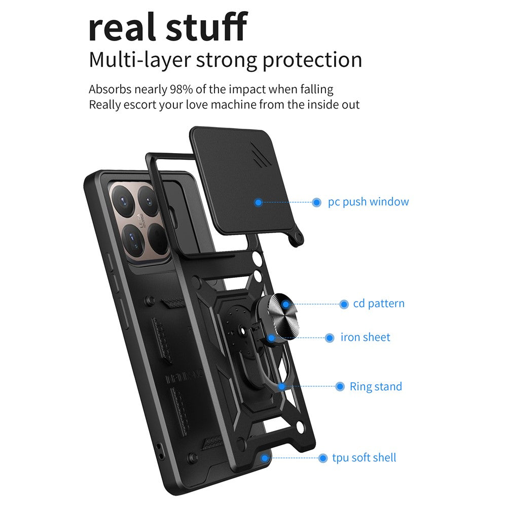 For Xiaomi 15T Pro Case with Slide Camera Lid PC + TPU Kickstand Phone Cover - Black