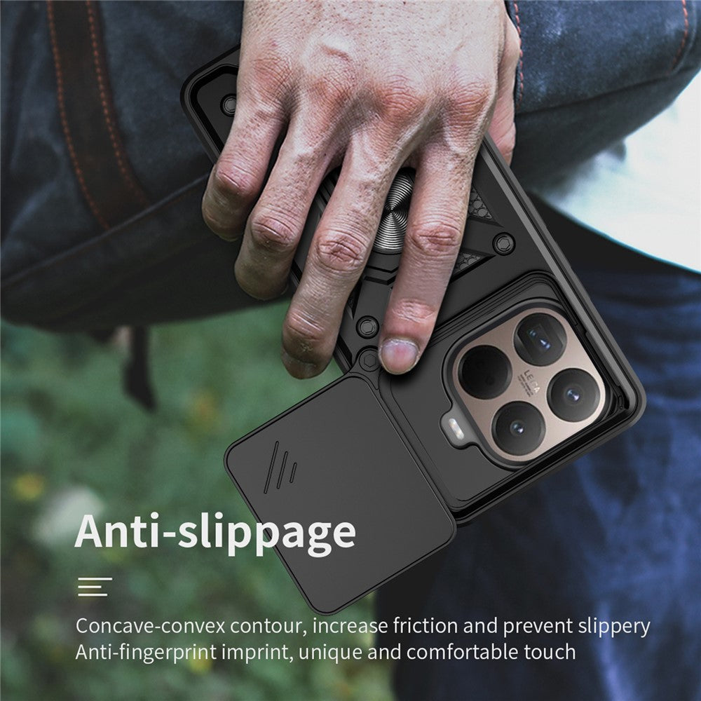 For Xiaomi 15T Pro Case with Slide Camera Lid PC + TPU Kickstand Phone Cover - Black