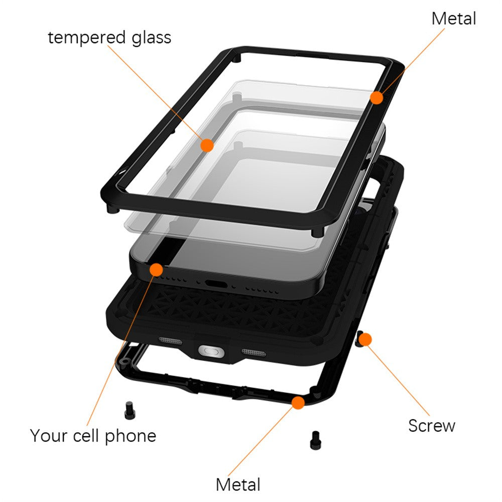 For iPhone 17 Pro Max Case Tempered Glass Screen Protector Metal + Silicone Phone Cover - Black