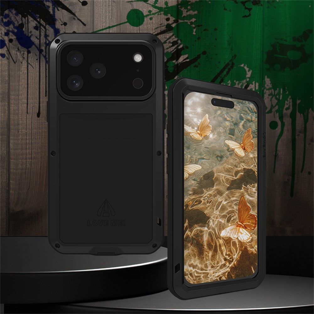 For iPhone 17 Pro Max Case Tempered Glass Screen Protector Metal + Silicone Phone Cover - Black