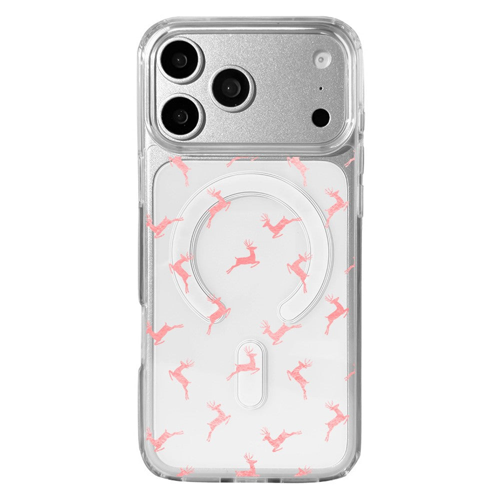 for iPhone 17 Pro Max Case Clear Edge Pattern Print TPU + Acrylic Cover - Pink Reindeer Leap