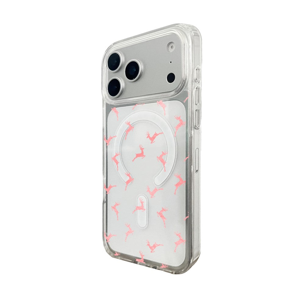 for iPhone 17 Pro Max Case Clear Edge Pattern Print TPU + Acrylic Cover - Pink Reindeer Leap