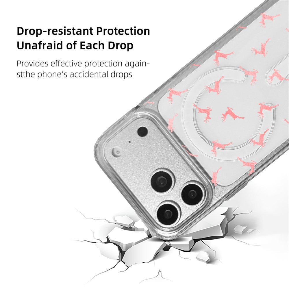 for iPhone 17 Pro Max Case Clear Edge Pattern Print TPU + Acrylic Cover - Pink Reindeer Leap