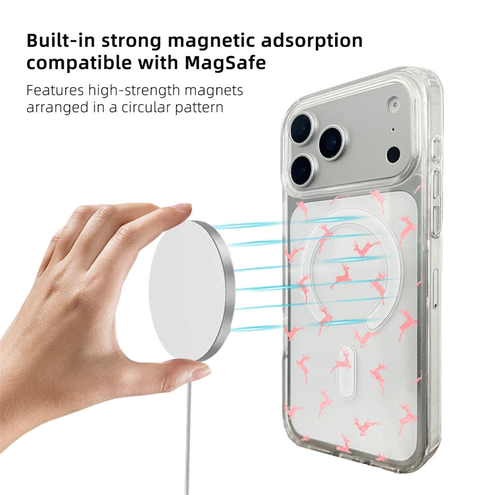 for iPhone 17 Pro Max Case Clear Edge Pattern Print TPU + Acrylic Cover - Pink Reindeer Leap