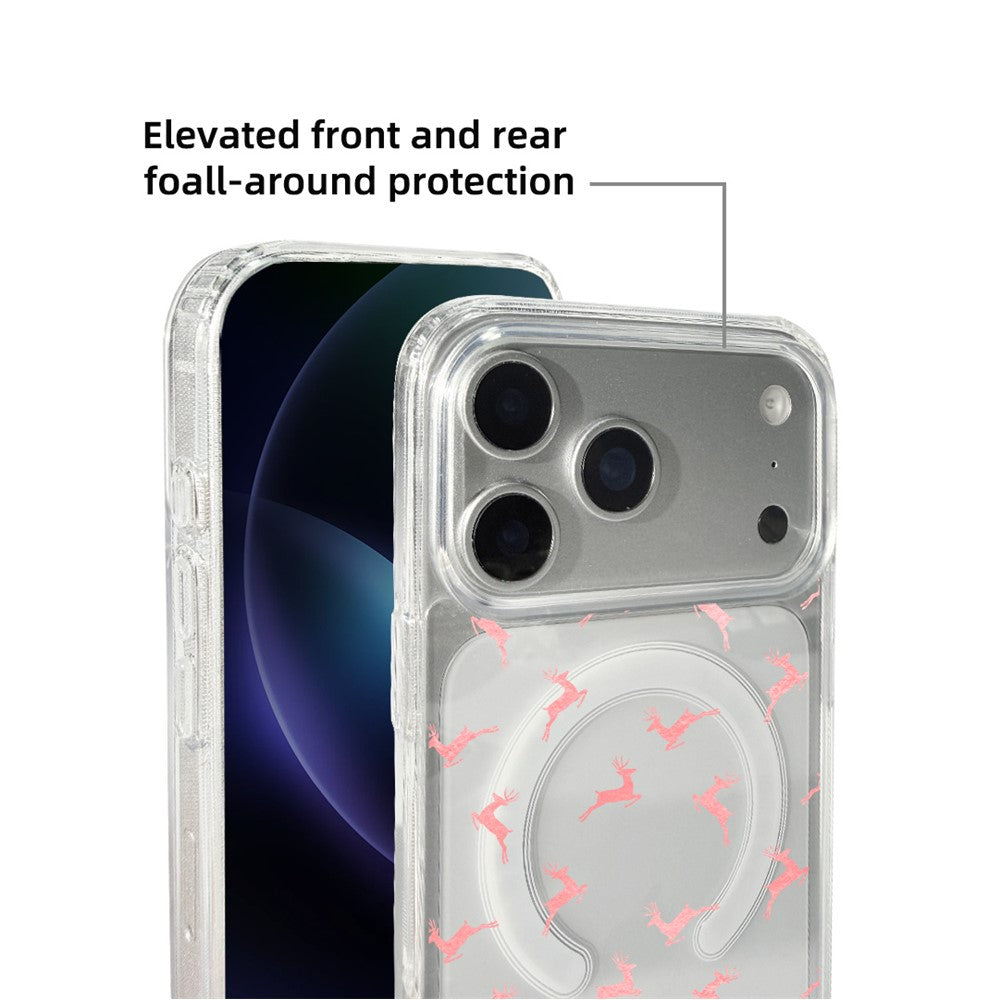 for iPhone 17 Pro Max Case Clear Edge Pattern Print TPU + Acrylic Cover - Pink Reindeer Leap