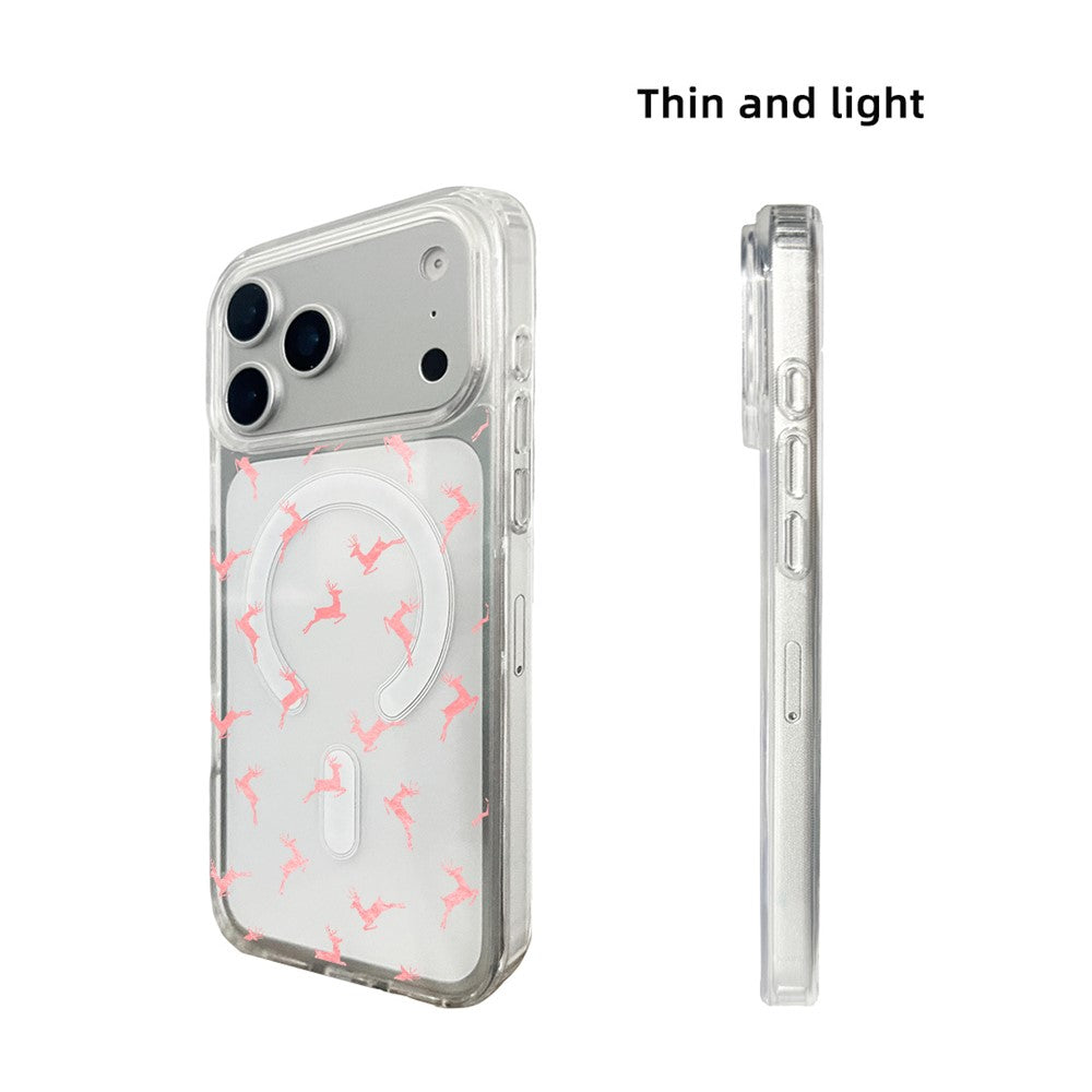 for iPhone 17 Pro Max Case Clear Edge Pattern Print TPU + Acrylic Cover - Pink Reindeer Leap
