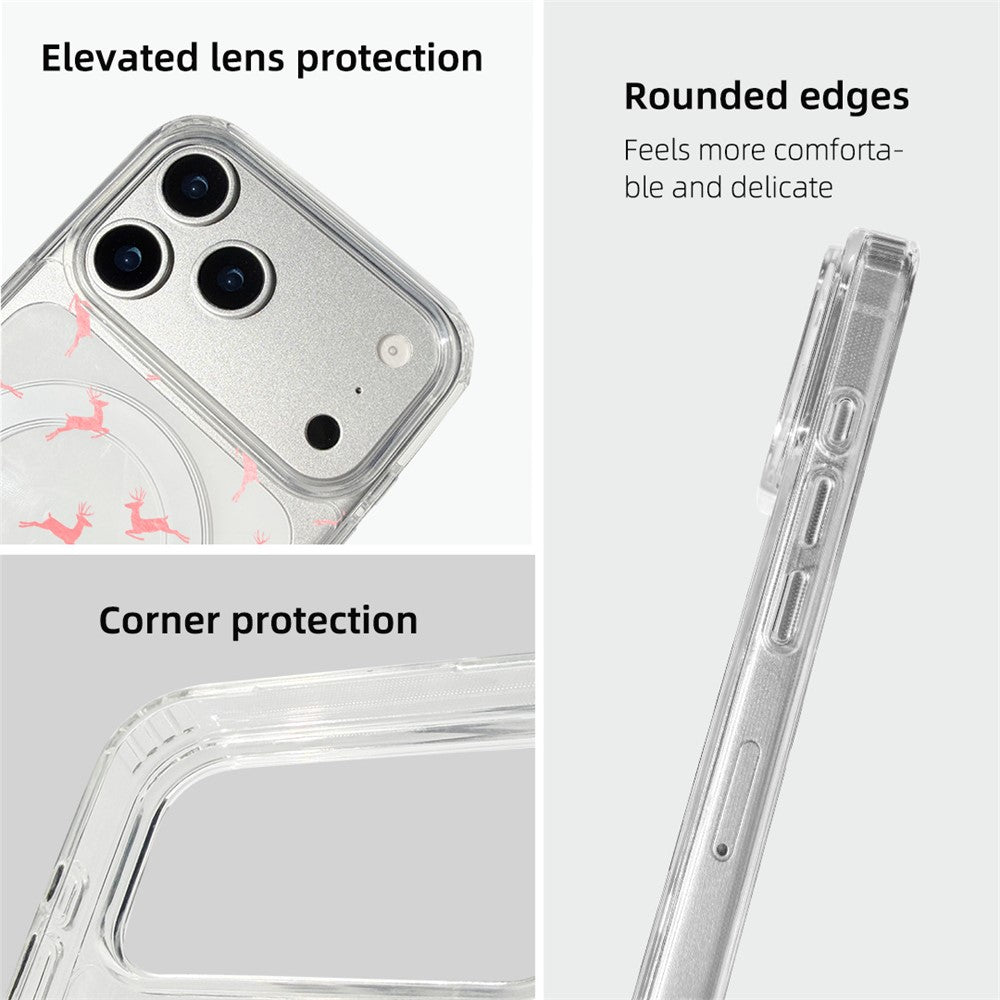 for iPhone 17 Pro Max Case Clear Edge Pattern Print TPU + Acrylic Cover - Pink Reindeer Leap