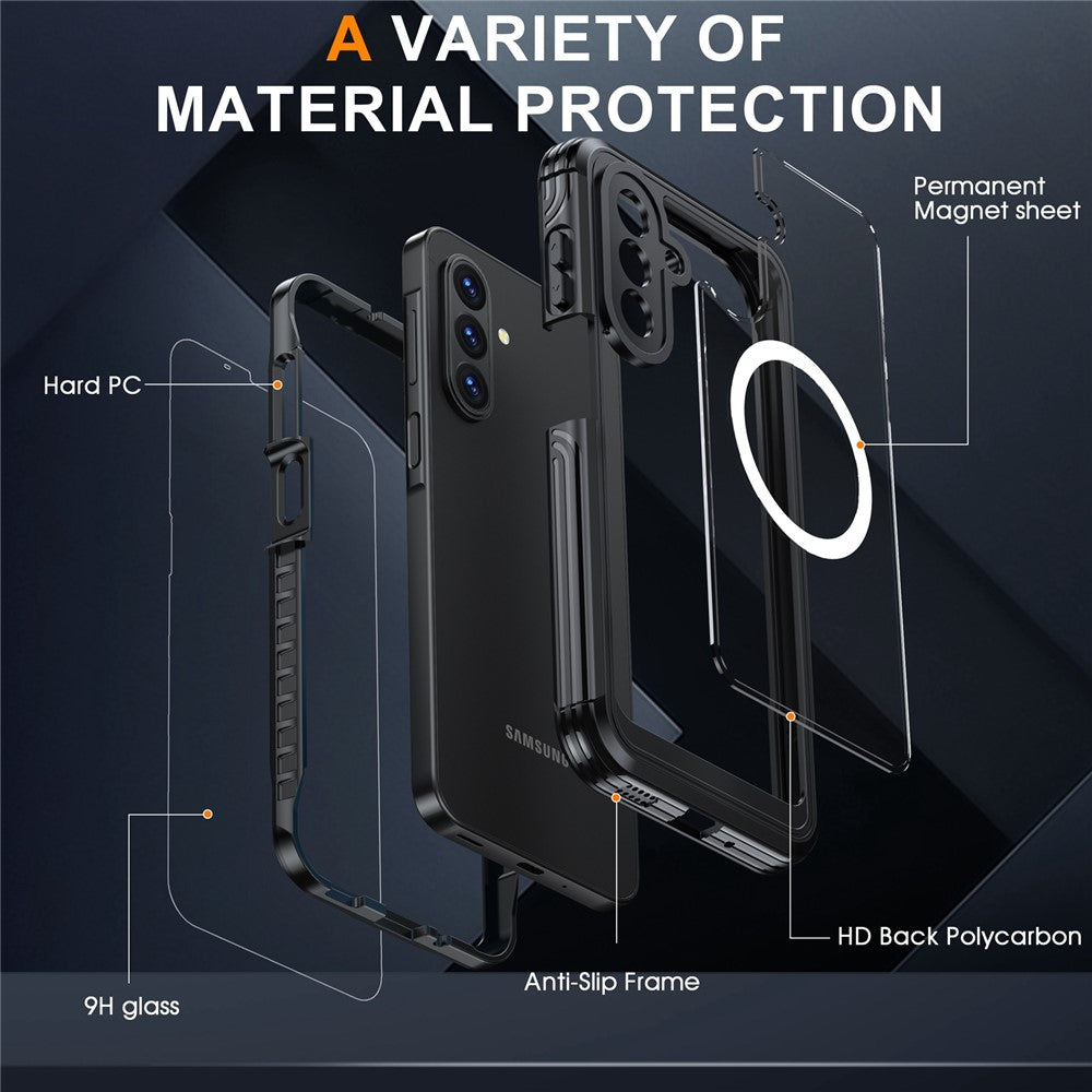 For Samsung Galaxy A17 4G / 5G Magnetic Case PC + TPU Phone Cover with Tempered Glass Screen Film - Black