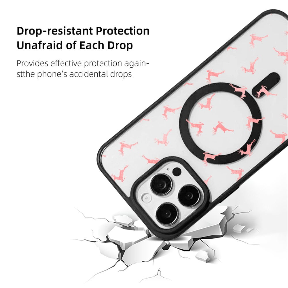 for iPhone 16 Pro Max Magnetic Case Pattern Print TPU + Acrylic Cover - Pink Reindeer Leap