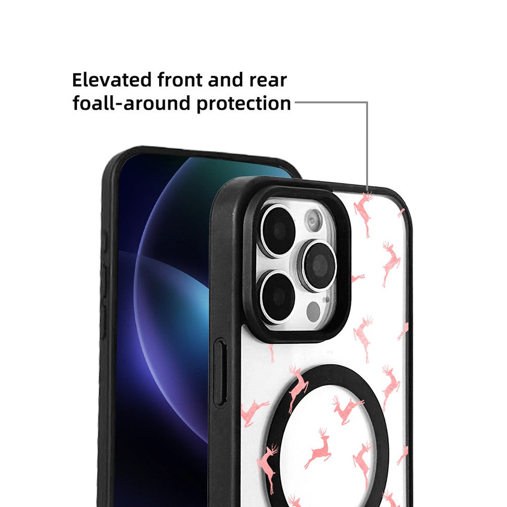 for iPhone 16 Pro Max Magnetic Case Pattern Print TPU + Acrylic Cover - Pink Reindeer Leap