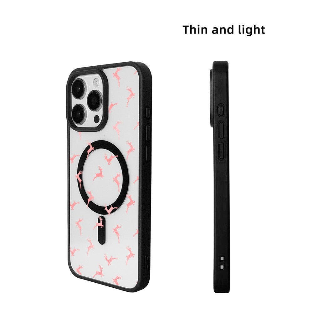 for iPhone 16 Pro Max Magnetic Case Pattern Print TPU + Acrylic Cover - Pink Reindeer Leap