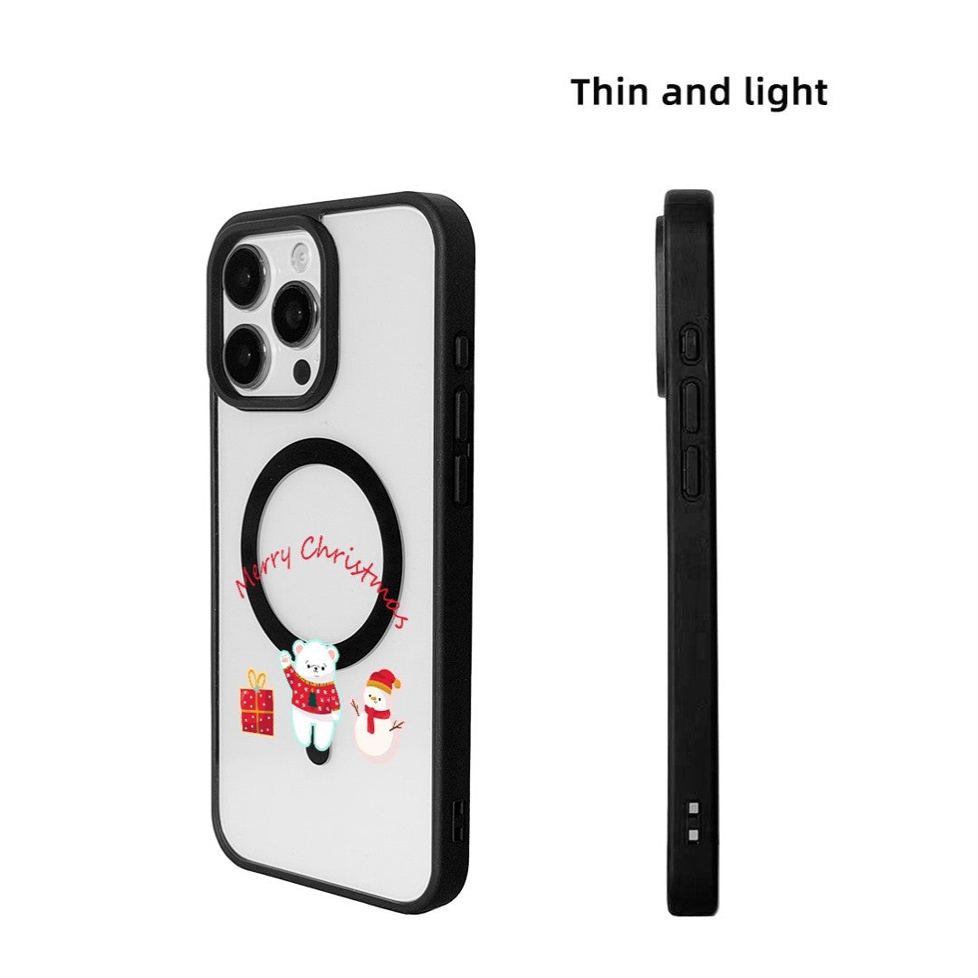 For iPhone 15 Pro Magnetic Case TPU + Acrylic Cover - Bear And Snowman