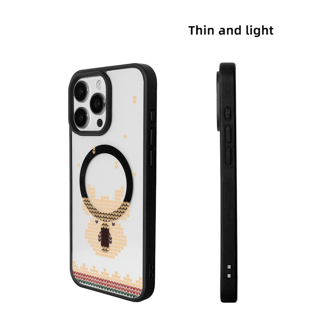 For iPhone 16 Pro Magnetic Case TPU + Acrylic Cover - Knitted Reindeer