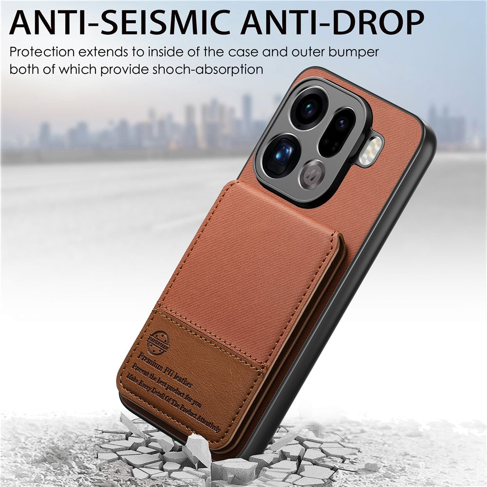 For Oppo Find X9 Pro 5G Case Cloth Texture Leather + PC + TPU Phone Cover with Card Holder - Brown