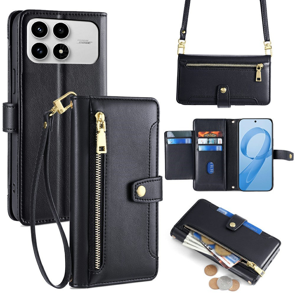 For Xiaomi Poco F8 Pro / Redmi K90 5G Leather Case Zipper Pocket Wallet Phone Cover with 2 Straps - Black