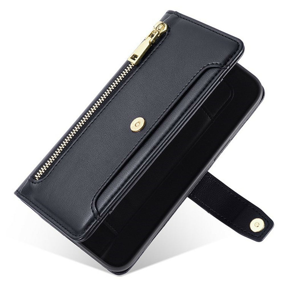For Xiaomi Poco F8 Pro / Redmi K90 5G Leather Case Zipper Pocket Wallet Phone Cover with 2 Straps - Black