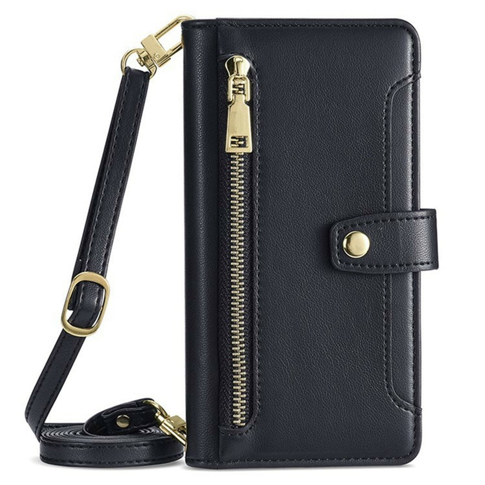 For Xiaomi Poco F8 Pro / Redmi K90 5G Leather Case Zipper Pocket Wallet Phone Cover with 2 Straps - Black