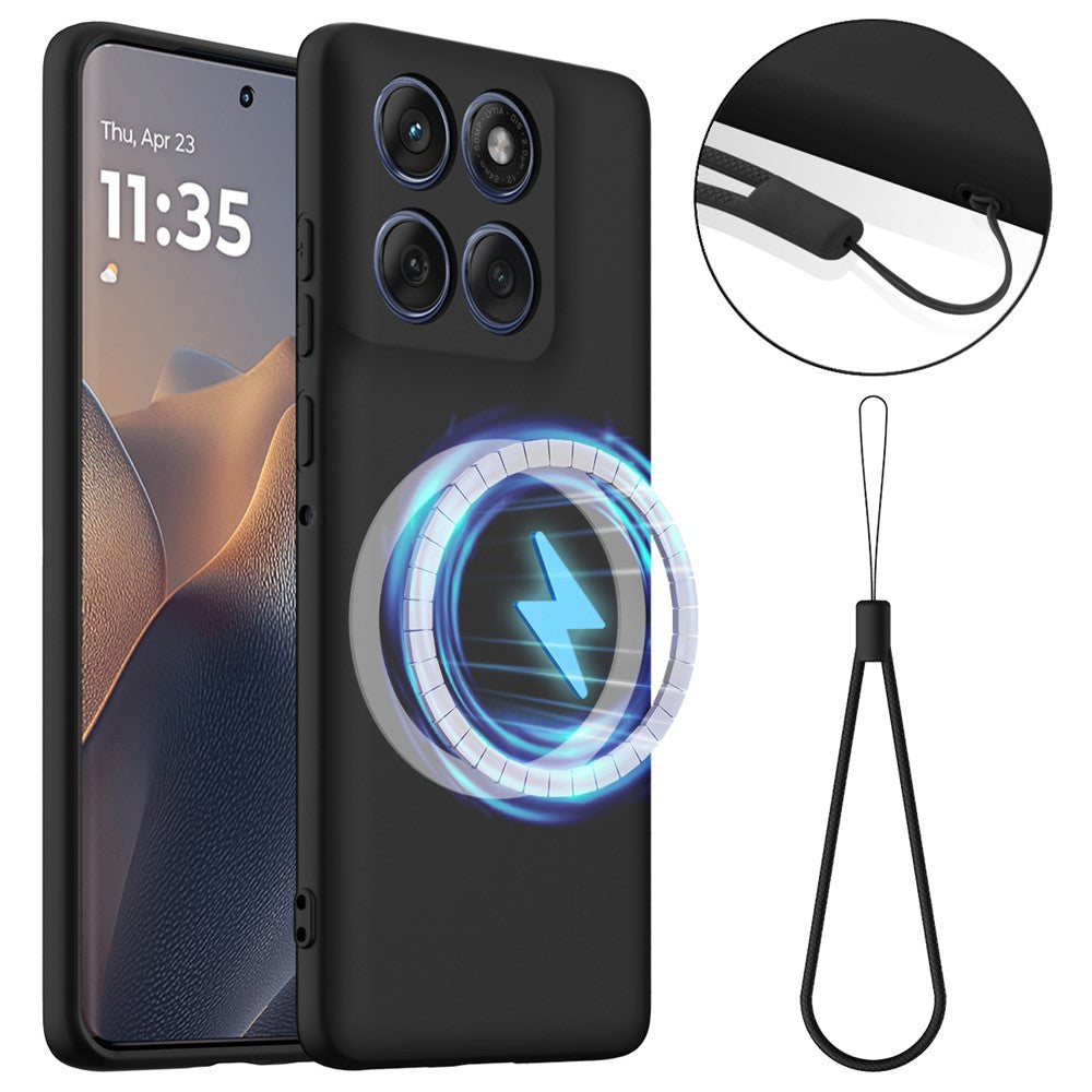 For Motorola Edge 70 5G Magnetic Case Liquid Silicone Phone Cover with Lanyard - Black