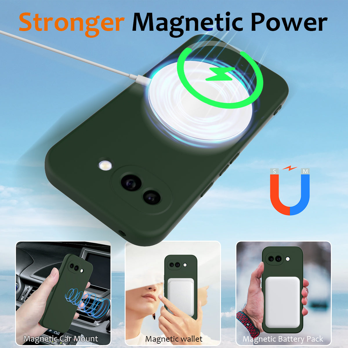 For Google Pixel 10a Magnetic Case Liquid Silicone Phone Cover - Dark Green