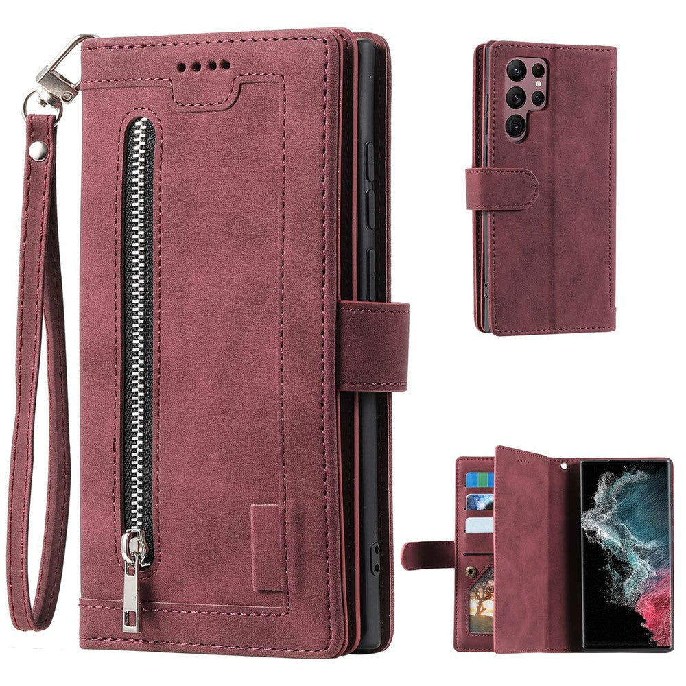 For Samsung Galaxy S23 Ultra Zipper Pocket 9 Card Slots Design PU Leather Wallet Cover Foldable Stand Phone Case with Hand Strap - Wine Red