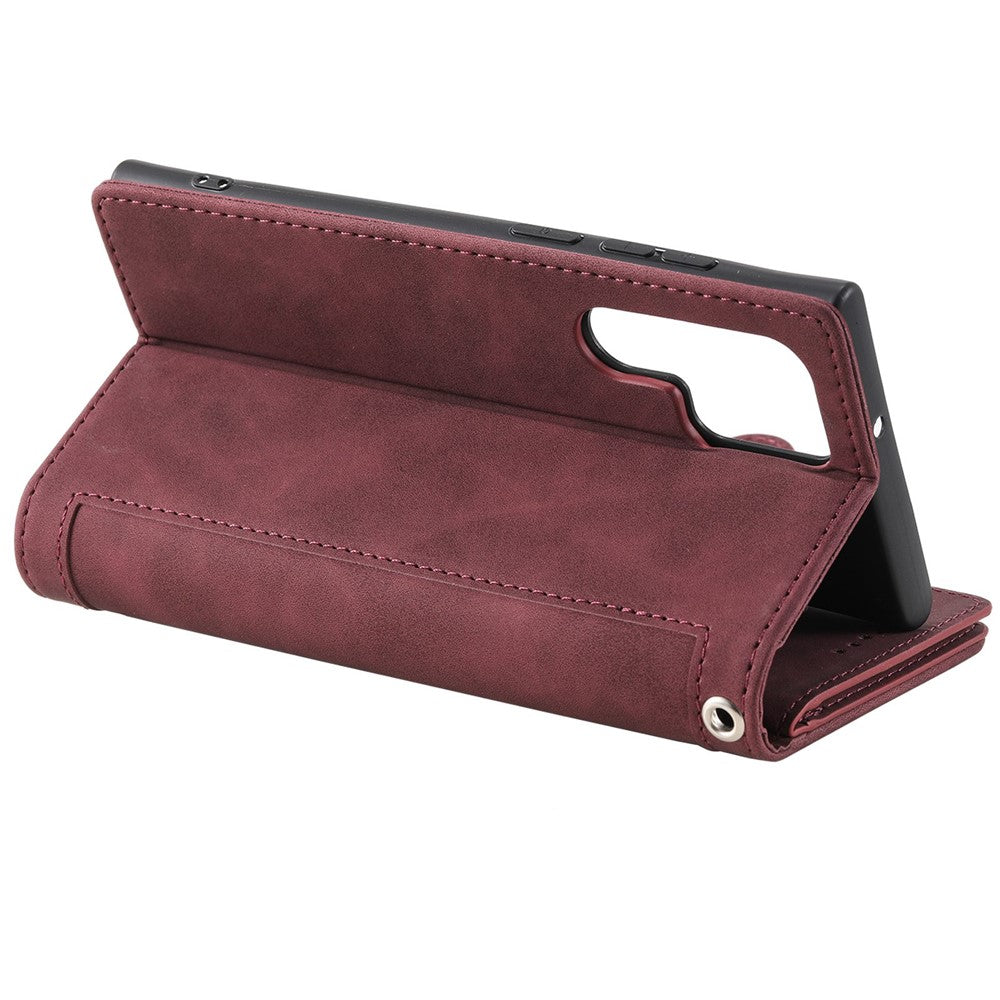 For Samsung Galaxy S23 Ultra Zipper Pocket 9 Card Slots Design PU Leather Wallet Cover Foldable Stand Phone Case with Hand Strap - Wine Red