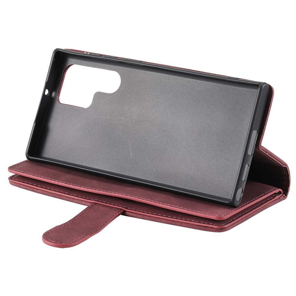 For Samsung Galaxy S23 Ultra Zipper Pocket 9 Card Slots Design PU Leather Wallet Cover Foldable Stand Phone Case with Hand Strap - Wine Red