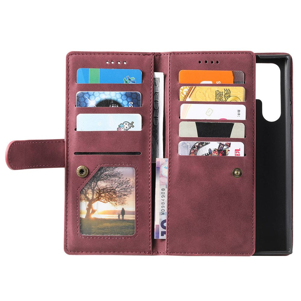 For Samsung Galaxy S23 Ultra Zipper Pocket 9 Card Slots Design PU Leather Wallet Cover Foldable Stand Phone Case with Hand Strap - Wine Red