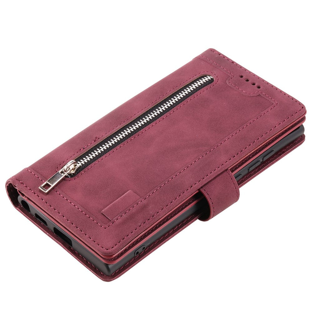 For Samsung Galaxy S23 Ultra Zipper Pocket 9 Card Slots Design PU Leather Wallet Cover Foldable Stand Phone Case with Hand Strap - Wine Red