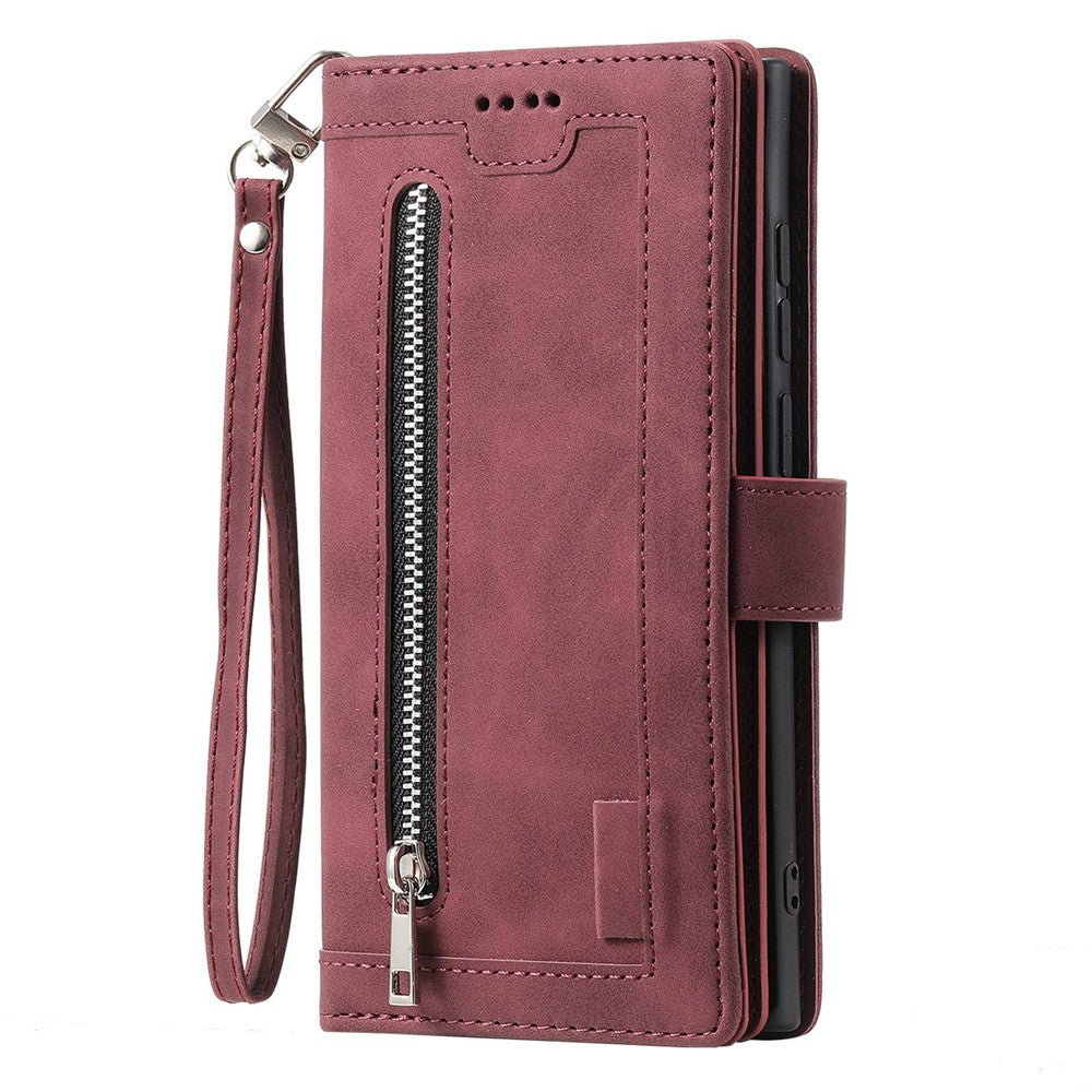 For Samsung Galaxy S23 Ultra Zipper Pocket 9 Card Slots Design PU Leather Wallet Cover Foldable Stand Phone Case with Hand Strap - Wine Red